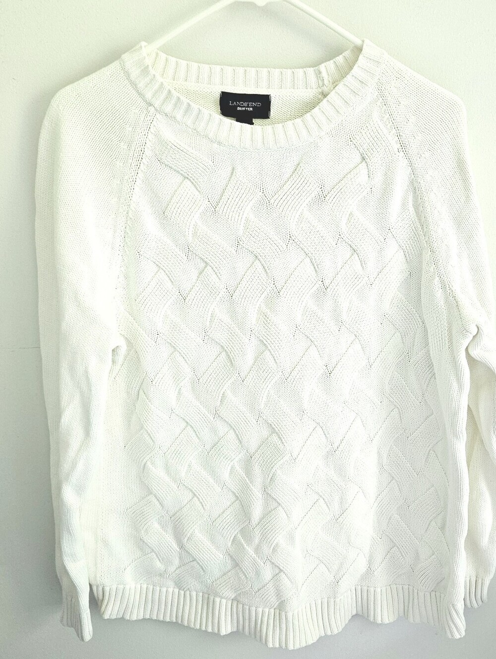 Lands End Drifter Cotton Cable Knit White Sweater